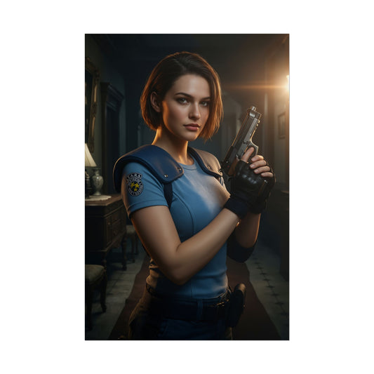 Jill Valentine Poster, Resident Evil Art Print – Iconic Survival Heroine: realistic Jill Valentine holding handgun in dimly lit mansion scene