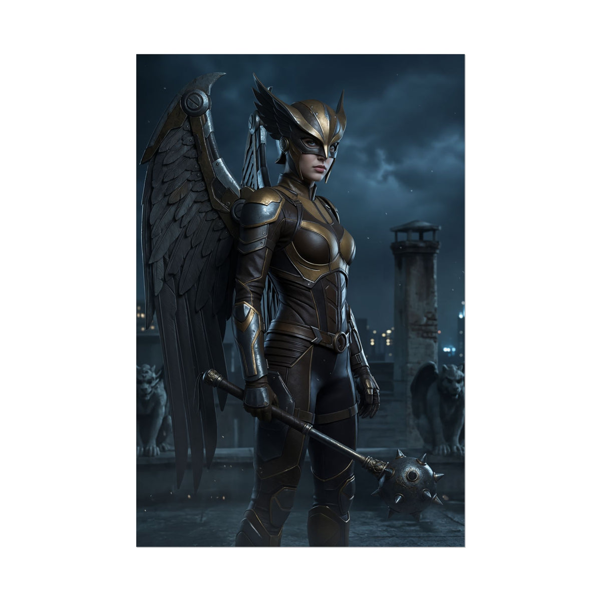 Hawkgirl Poster, DC Art Print  Iconic Winged Warrior Heroine Wall Art featuring armored Hawkgirl with mace and wings at night