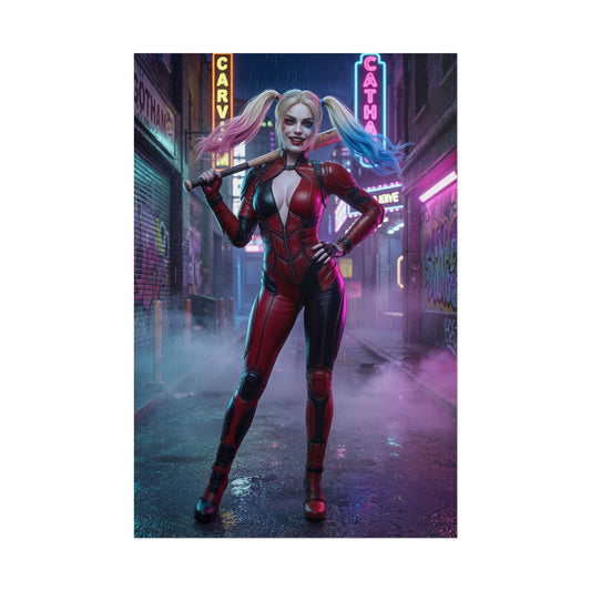 Harley Quinn Poster, DC Comics Wall Art Print – Comic Decor showing Harley Quinn in red-black suit with bat in neon alley for gamer room decor