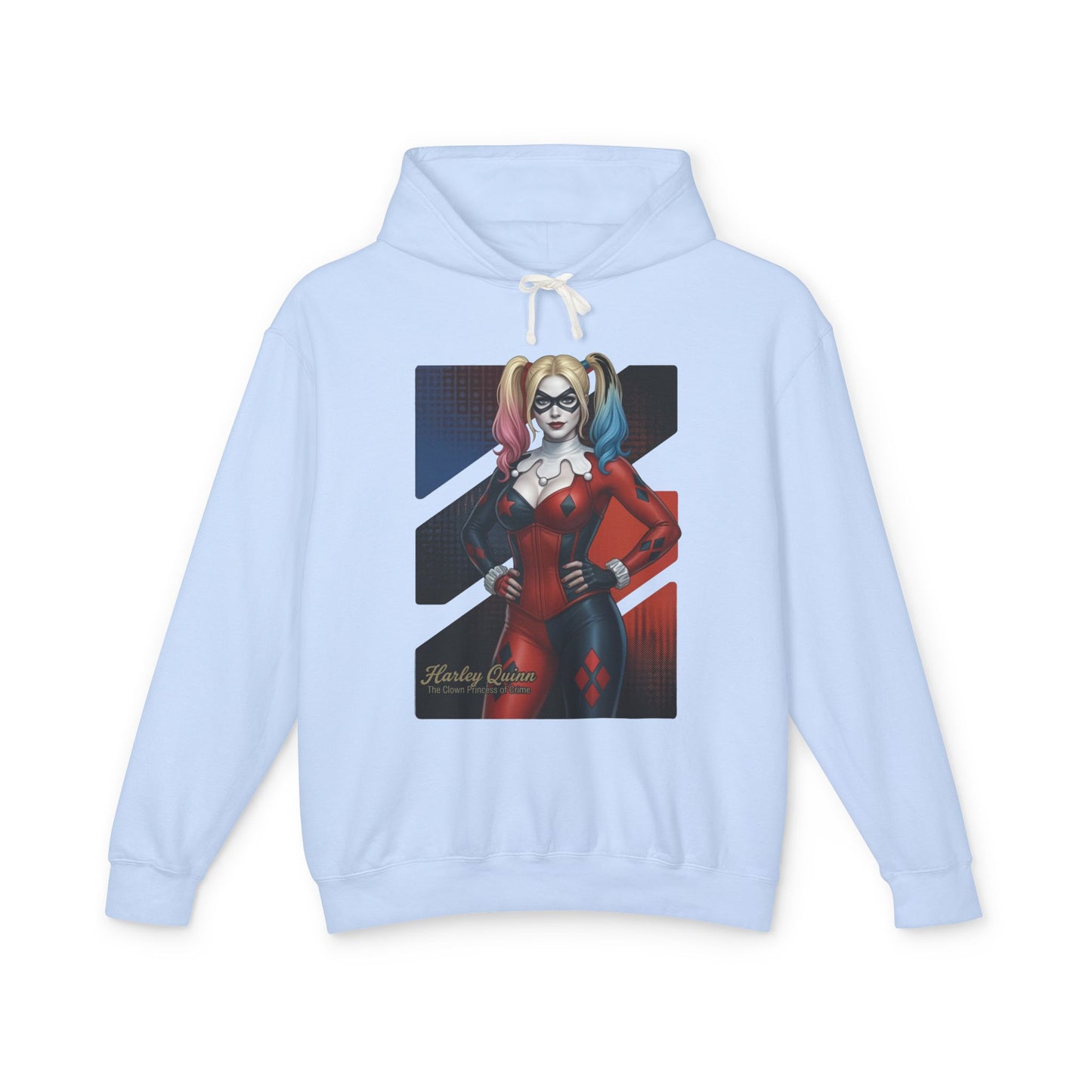 Harley Quinn Hoodie | DC Comics Hoodie | Anime Villain Girl Pullover light blue hoodie with bold anime-style Harley Quinn illustration