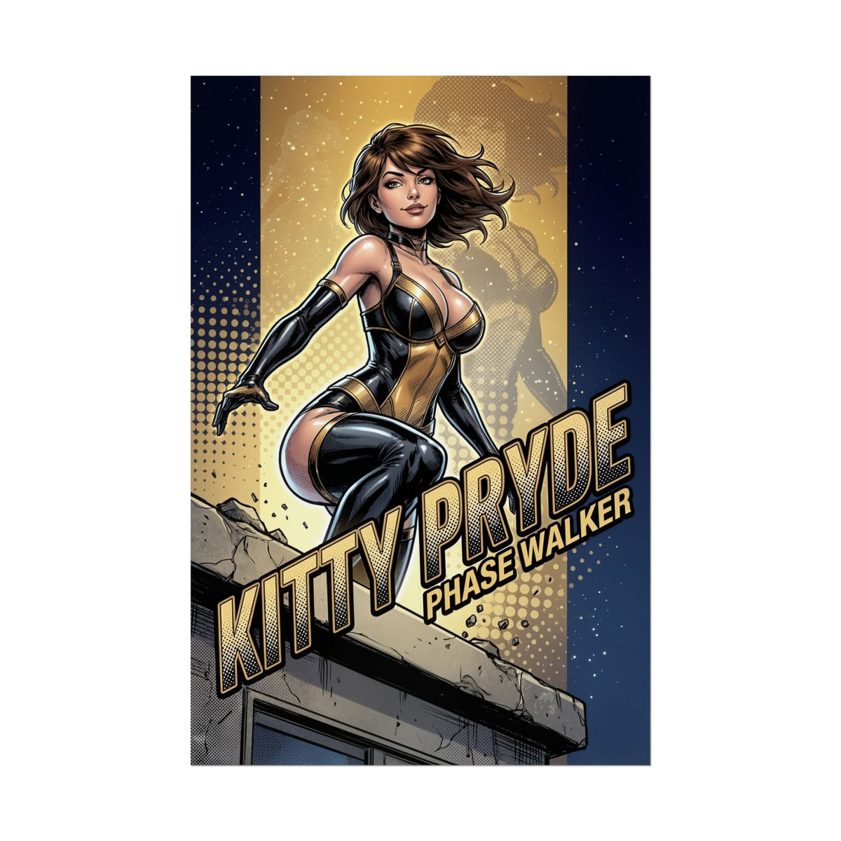 Kitty Pryde Poster / Kitty Pryde Wall Art / Kitty Pryde Art Print / X-Men Poster - sleek comic-style Kitty Pryde phase-walking on rooftop, bold contrast, minimalist superhero dcor