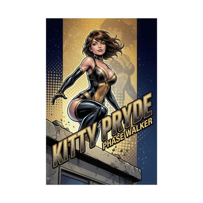 Kitty Pryde Poster / Kitty Pryde Wall Art / Kitty Pryde Art Print / X-Men Poster - sleek comic-style Kitty Pryde phase-walking on rooftop, bold contrast, minimalist superhero décor