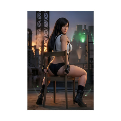 Tifa Lockhart Poster Final Fantasy Wall Art Print Gaming Decor featuring iconic fighter seated on chair in industrial city with cinematic lighting