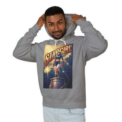 Stargirl Hoodie | DC Superhero Hoodie | Cosmic Staff Pullover model wearing gray Stargirl graphic pullover, front view, hood up