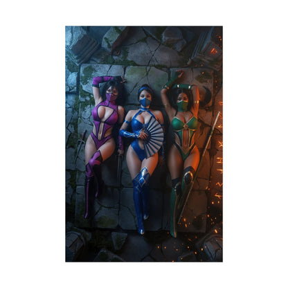 Kitana Mileena Jade Poster, Mortal Kombat Wall Art Print – Trio Decor showing three female fighters in colorful costumes on stone floor