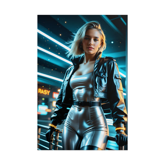 Rogue Cyberpunk 2077 Poster – Iconic Cyberpunk Heroine Wall Art Decor featuring futuristic heroine in metallic suit and neon city background