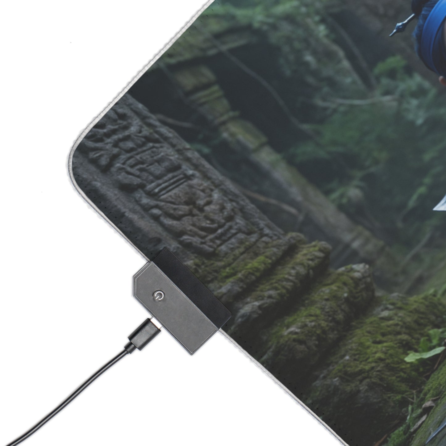 Kitana, Jade, Mileena Desk Mat – LED RGB Pad close-up showing USB RGB controller and forest temple print on precision-cloth gaming desk mat