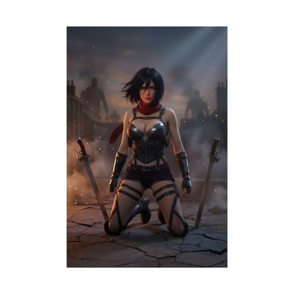Mikasa Poster / Mikasa Wall Art / Mikasa Art Print / Attack on Titan Poster - Mikasa kneeling in smoky battlefield with swords and steely resolve