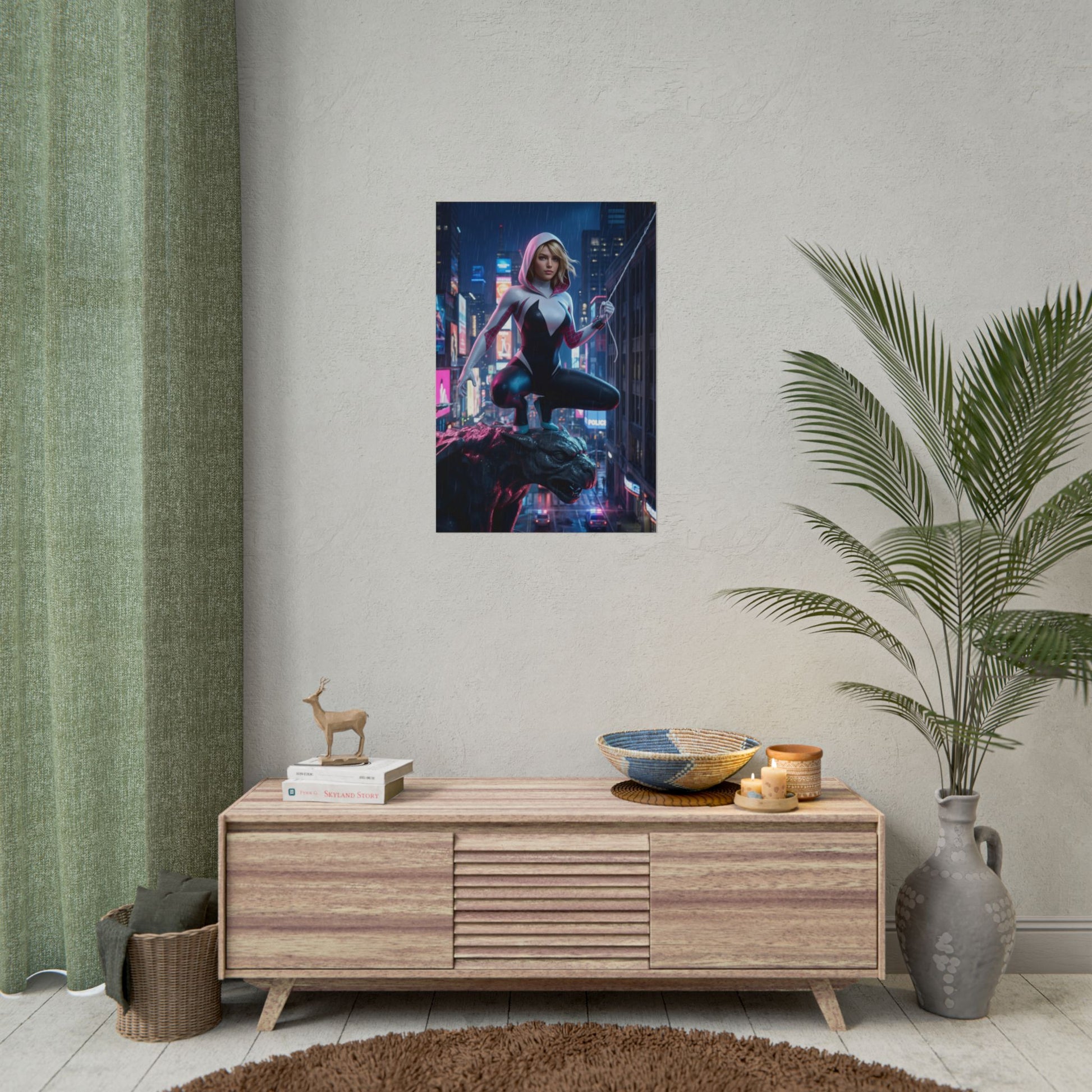 Gwen Stacy Poster, Spider-Verse Art Print, Iconic Superhero Character - modern comic-style poster of Gwen in dynamic city pose for gaming or home office décor