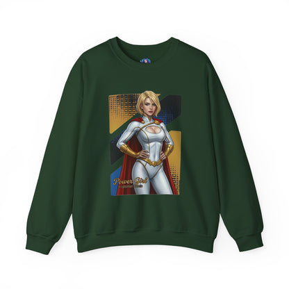 Power Girl Sweatshirt, DC Comics Crewneck, Bold Superhero Apparel for Fans - green crewneck with bold Power Girl artwork