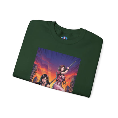 Tifa Lockhart & Aerith Gainsborough Sweatshirt, Game Character Art, Premium Fan Apparel - folded dark green crewneck with dramatic Tifa and Aerith illustration