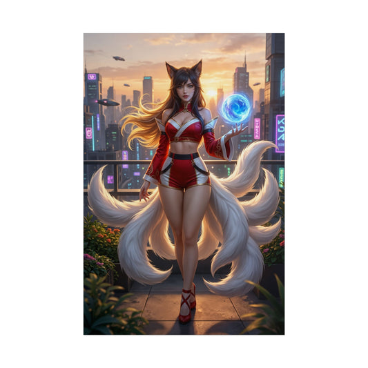 Alt Tag: Ahri Poster, League of Legends Art Print, Iconic Nine-Tailed Mage - elegant nine-tailed mage holding blue orb, modern gaming room art