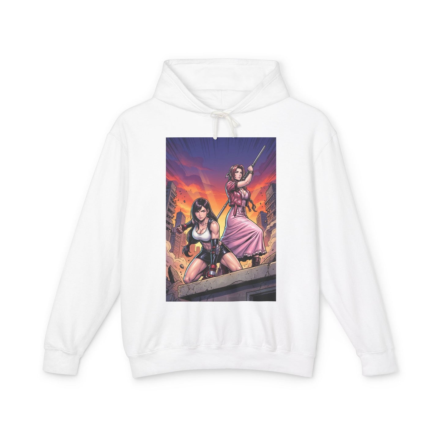 Tifa & Aerith Hoodie | Final Fantasy Heroine Hoodie | Legendary Duo Pullover white hoodie with dynamic Tifa and Aerith illustration on front