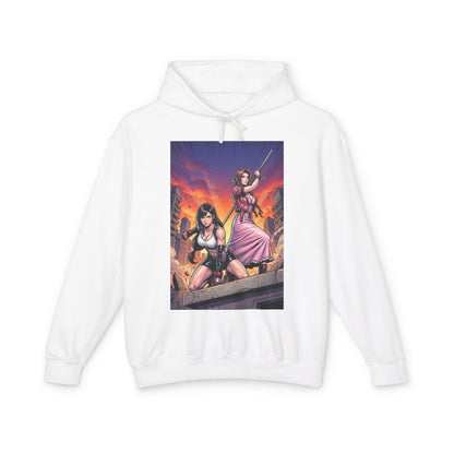 Tifa & Aerith Hoodie | Final Fantasy Heroine Hoodie | Legendary Duo Pullover white hoodie with dynamic Tifa and Aerith illustration on front