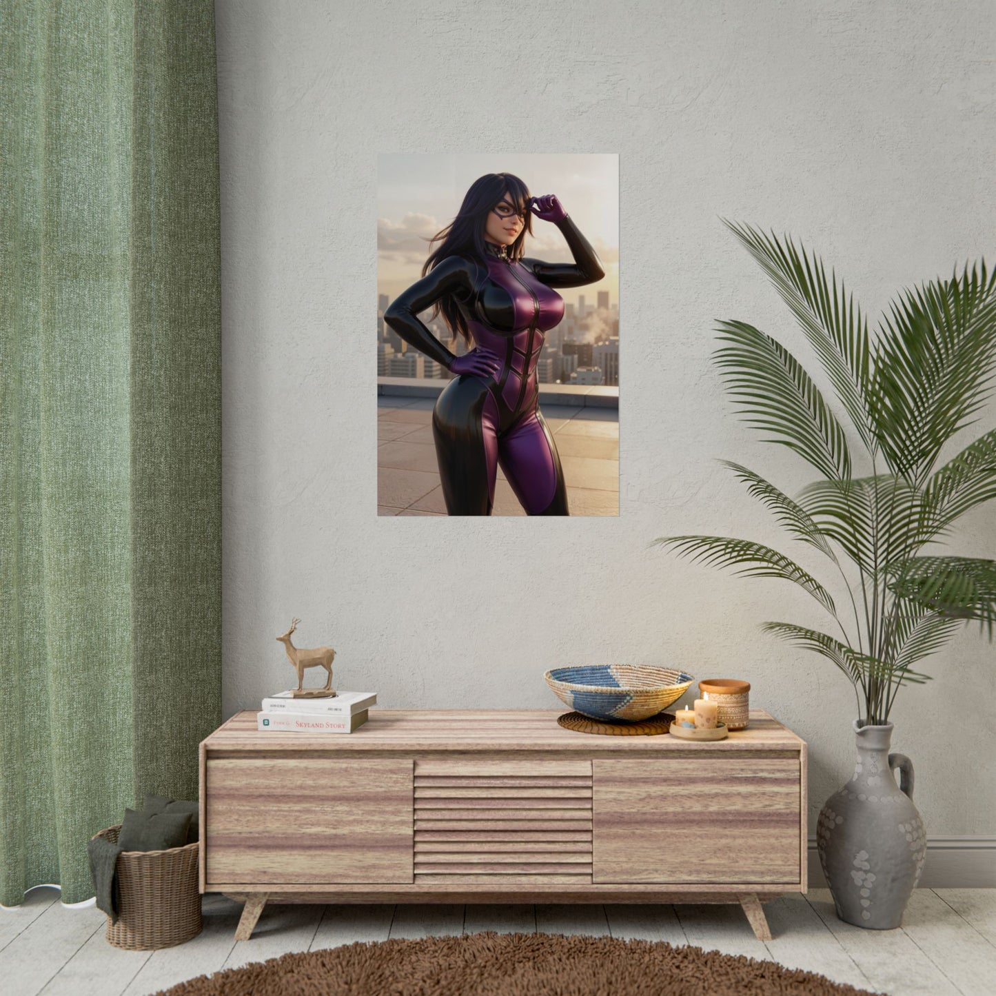 Midnight Poster, My Hero Academia Wall Art Print – Anime Decor poster of anime heroine displayed above media console for gamer and collector rooms