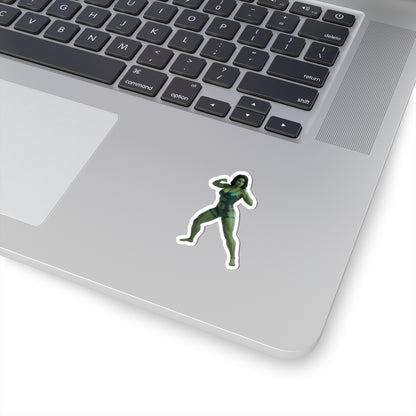 She-Hulk Sticker – Comic Heroine Vinyl Sticker for Laptops & Indoor Decor on silver laptop showing glossy, die-cut comic heroine sticker