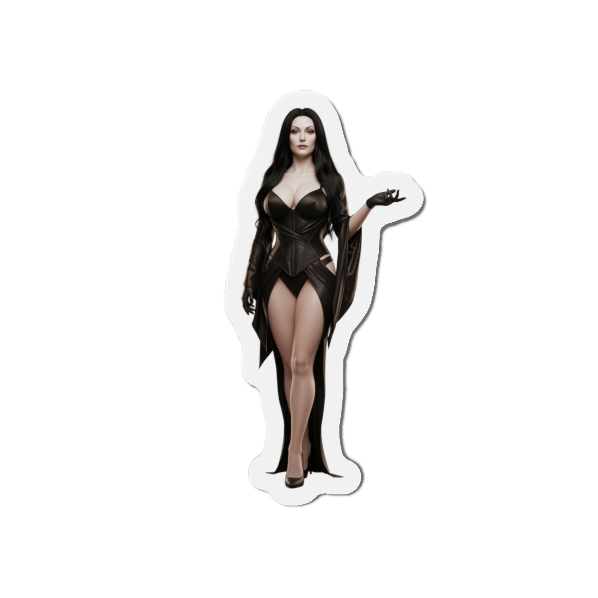 Morticia Addams Magnet – Gothic Icon Fridge Magnet, Anime Style Decor; die-cut vinyl anime-style Morticia on white background