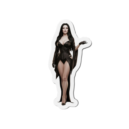 Morticia Addams Magnet – Gothic Icon Fridge Magnet, Anime Style Decor; die-cut vinyl anime-style Morticia on white background