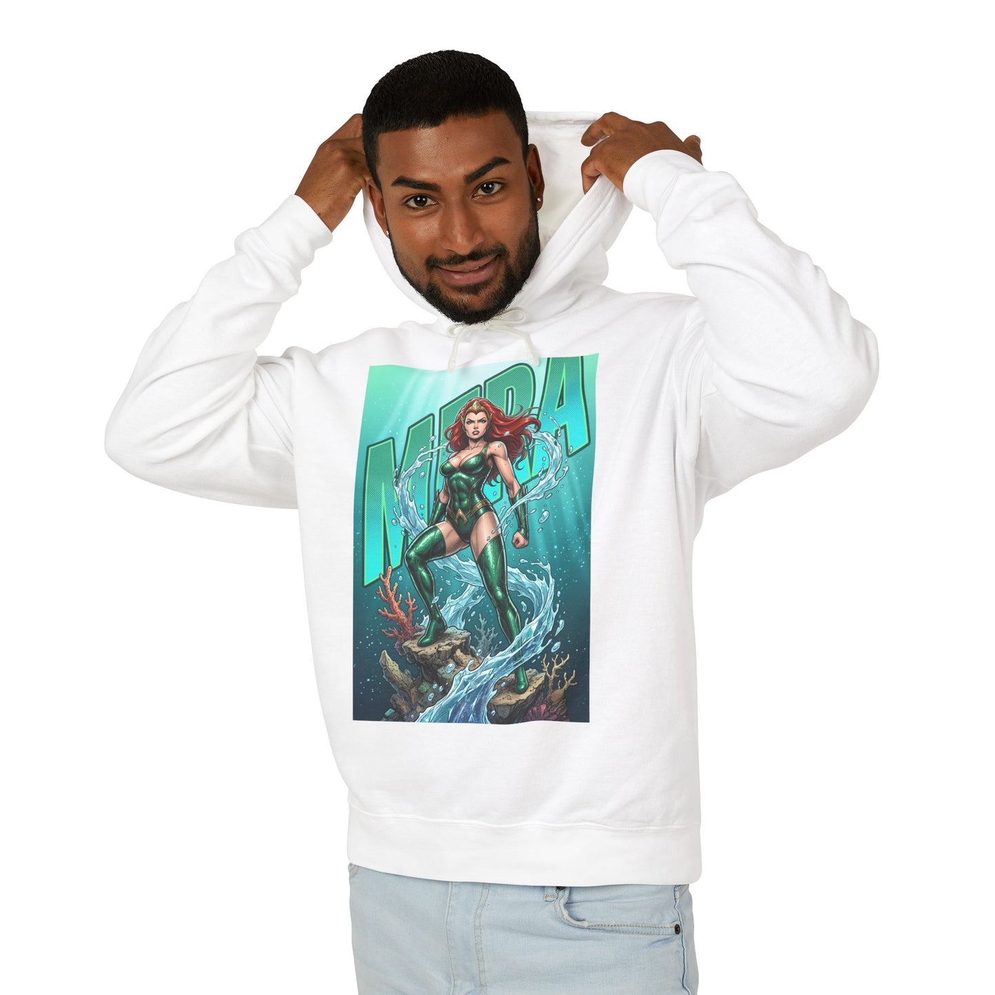 Mera Hoodie | DC Superhero Hoodie | Ocean-Born Warrior Pullover - white unisex hoodie with vibrant Mera graphic, model wearing hood, ocean-themed design
