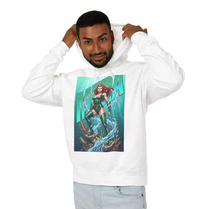 Mera Hoodie | DC Superhero Hoodie | Ocean-Born Warrior Pullover - white unisex hoodie with vibrant Mera graphic, model wearing hood, ocean-themed design
