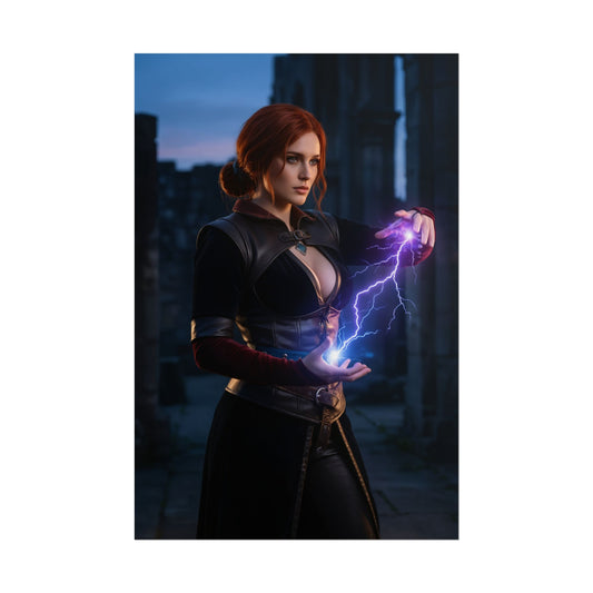 Triss Merigold Poster, The Witcher Art Print – Iconic Mage Heroine Wall Art showing red-haired sorceress casting purple lightning in gothic city backdrop