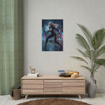 Black Cat Poster, Marvel Art Print – Classic Comic Book Wall Decor framed on modern living room wall above console, sleek collector’s fan art