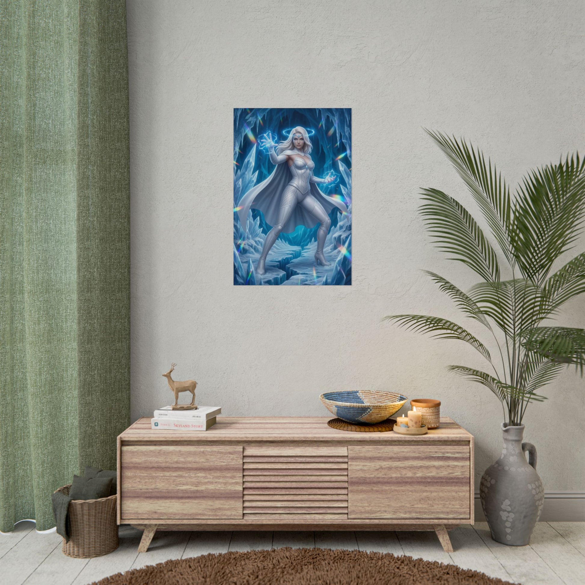 Emma Frost Poster, Marvel Wall Art Print – Comic Heroine Decor hung above modern media console in gamer room