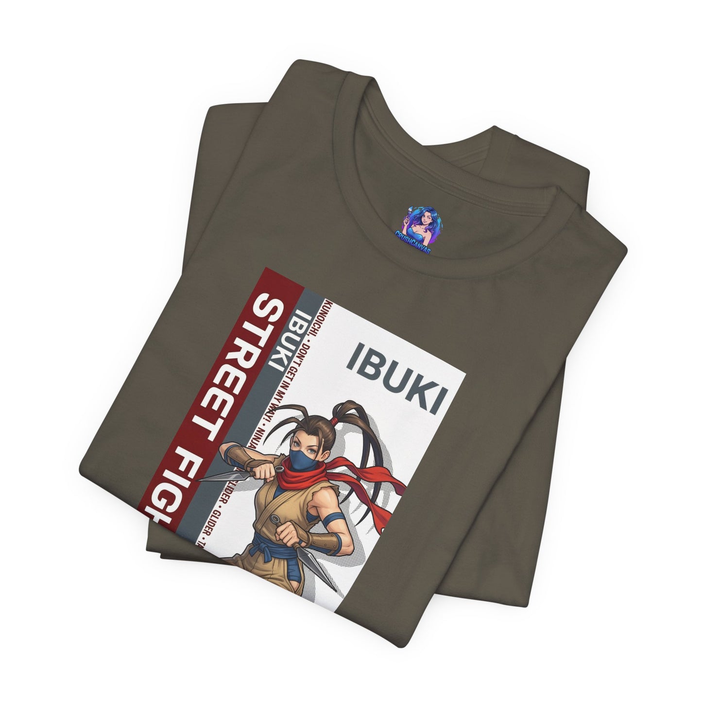 Ibuki T-Shirt | Street Fighter Anime Tee for Gamers & Fighting Game Fans - folded Bella Canvas tee with dynamic Ibuki ninja illustration