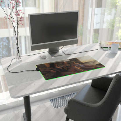 Ciri, Triss Merigold & Yennefer Desk Mat – LED RGB Pad on modern white desk with monitor, green LED edge, gaming setup