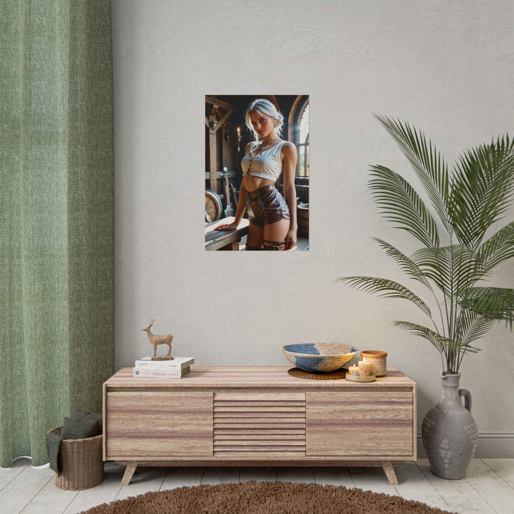 Ciri Wall Decor – Fantasy Heroine Poster for Gaming Room or Home Display displayed above console in cozy modern gaming room