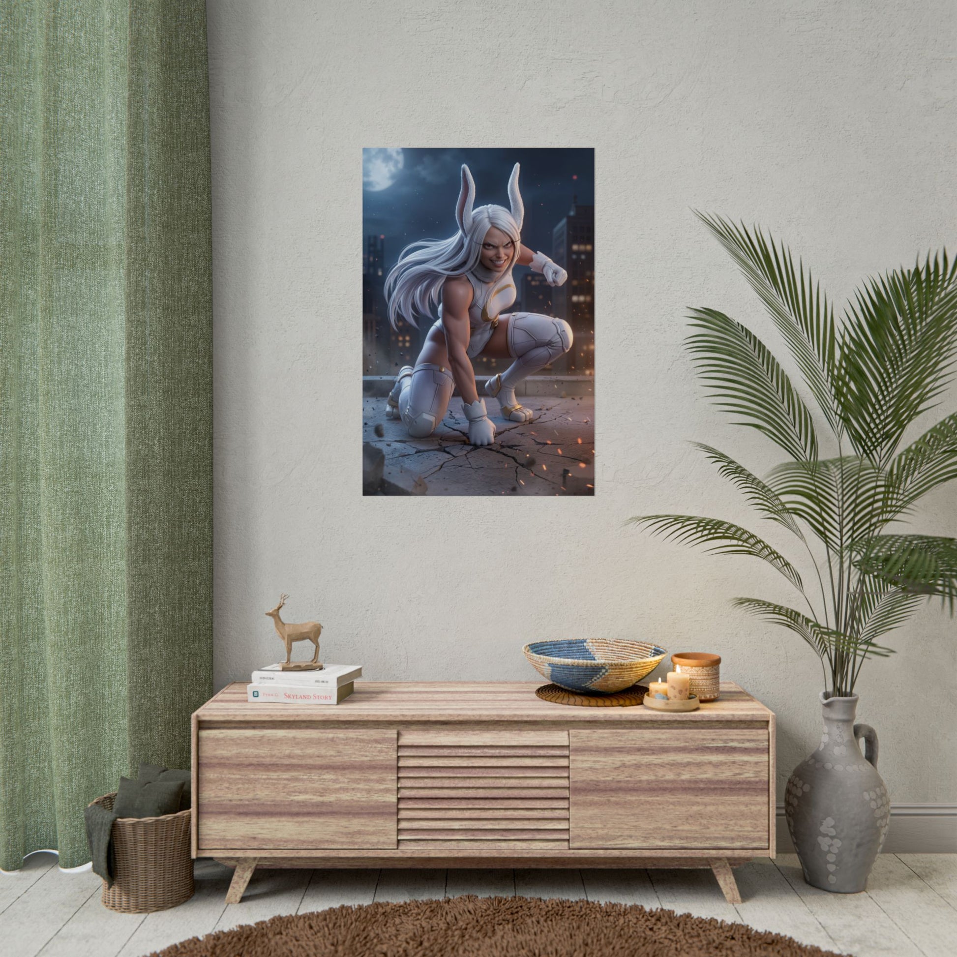 Mirko Poster, My Hero Academia Art Print – Anime Heroine Wall Art displayed in a gamer room setting, dynamic Mirko anime poster on wall
