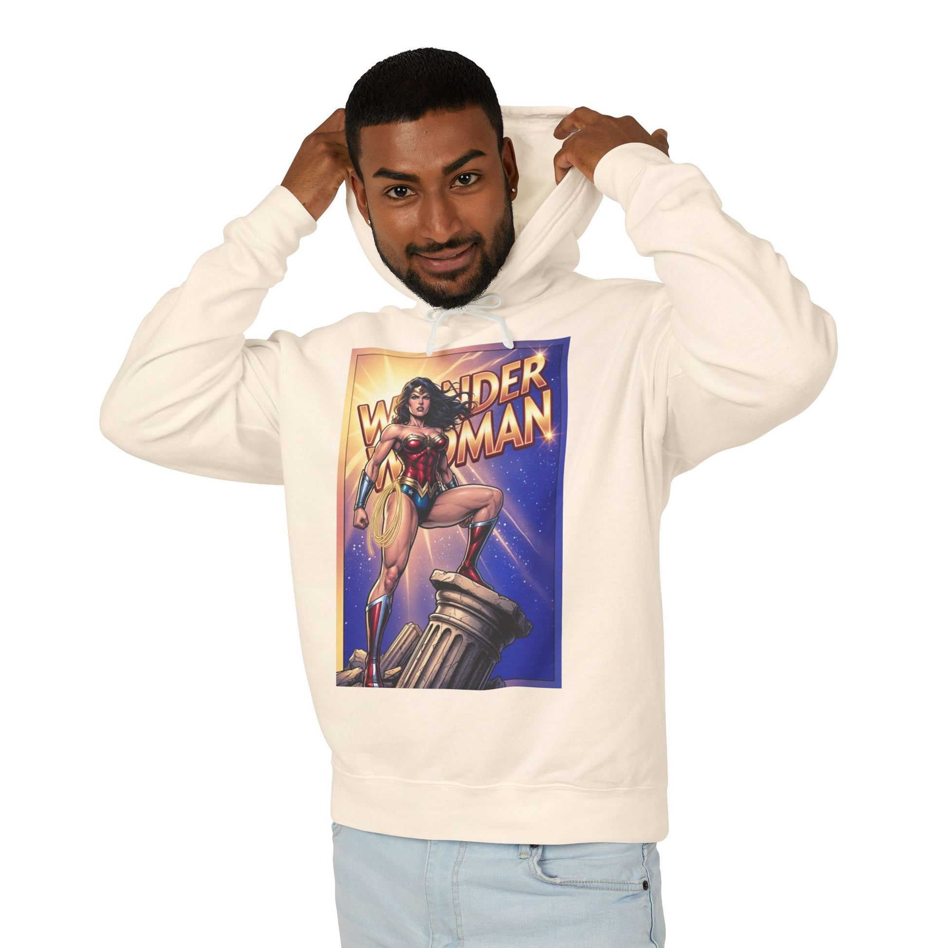 Wonder Woman Hoodie | DC Superhero Hoodie | Amazon Warrior Pullover - cream pullover with bold Wonder Woman graphic, lightweight 100% ring-spun cotton