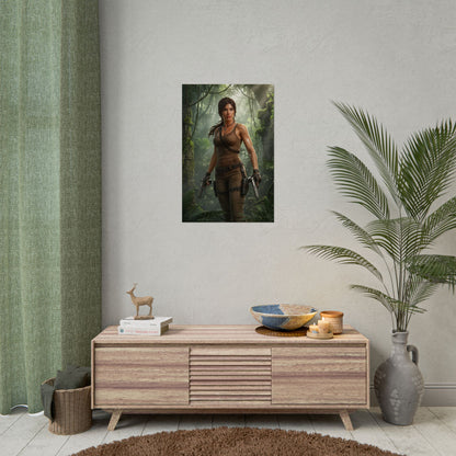 Lara Croft Poster – Iconic Adventure Heroine Wall Art for Gamer Decor hanging in modern gaming room with tropical plant and wooden console