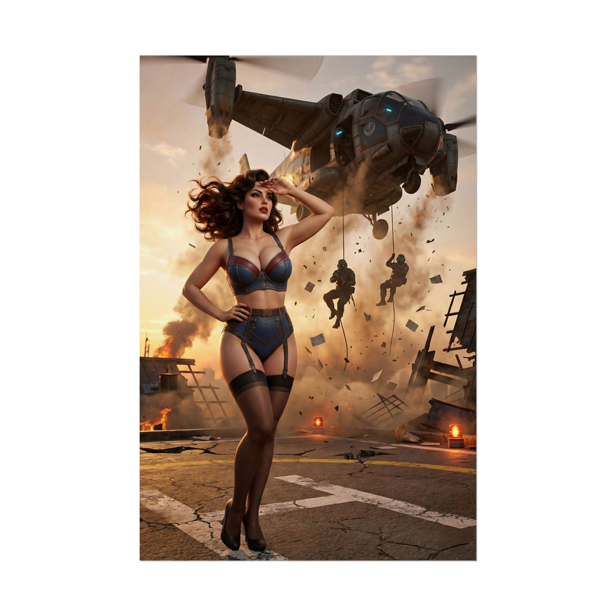 Fallout Action Woman Poster / Fallout Action Wall Art / Fallout Action Art Print / Fallout Poster  cinematic fearless woman in action with helicopter and explosion