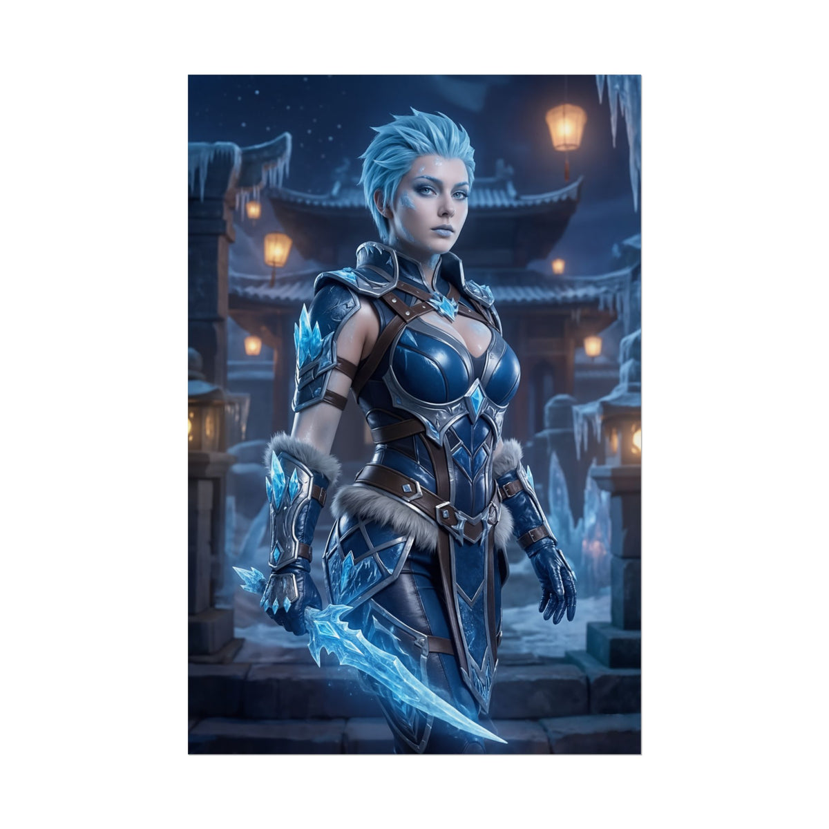 Frost Poster, Mortal Kombat Art Print  Iconic Cryomancer Fighter Wall Art featuring Frost in icy armor wielding a glowing ice blade