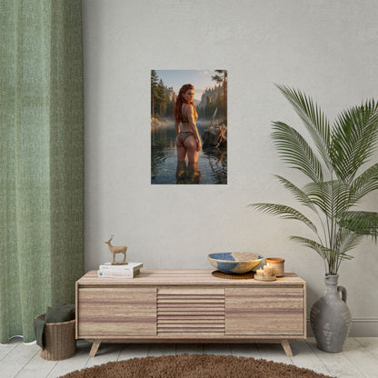 Horizon Poster – Aloy Art Print, Adventure Game Wall Art showing Aloy wading in forest waters with cinematic morning light