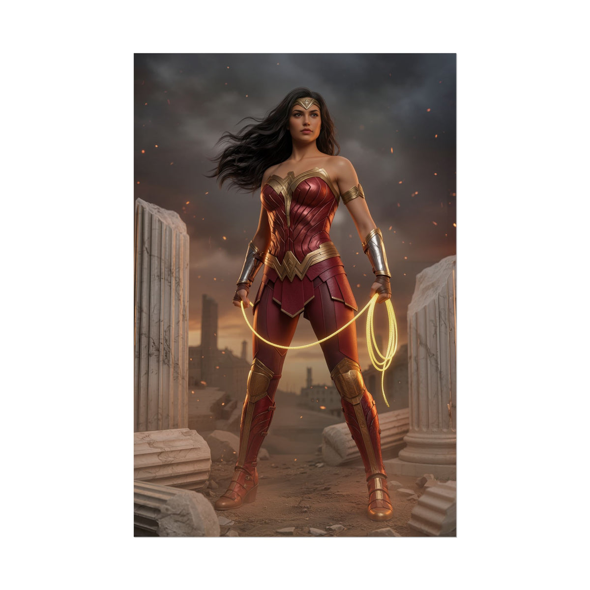 Wonder Woman Poster, DC Comics Art Print  Iconic Hero Wall Decor featuring Wonder Woman with Lasso of Truth in ruined temple scene