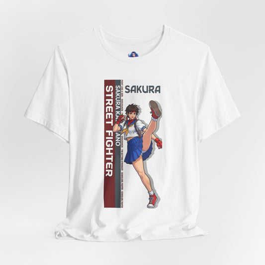 Sakura Kasugano T-Shirt | Street Fighter Anime Tee for Gamers & Fighting Game Fans - white Bella Canvas tee with Sakura high-kick anime design