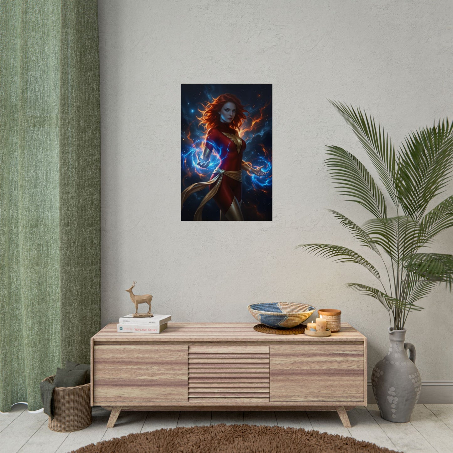Jean Grey Poster, Marvel Art Print – Iconic Mutant Heroine Wall Art hanging in modern living room with vivid colors and ultra-high resolution