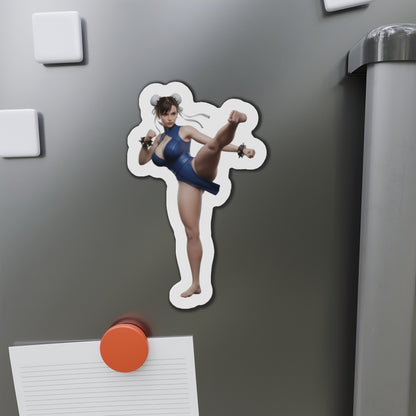 Chun-Li Magnet – Street Fighter Character Fridge Magnet, Anime Game Decor die-cut vinyl fridge magnet showing Chun-Li in blue outfit performing a high kick