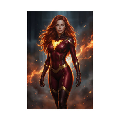 Jean Grey Poster, Marvel X-Men Art Print, Iconic Telepath Hero Wall Decor showing fierce red-haired telepath in flame-lit superhero pose