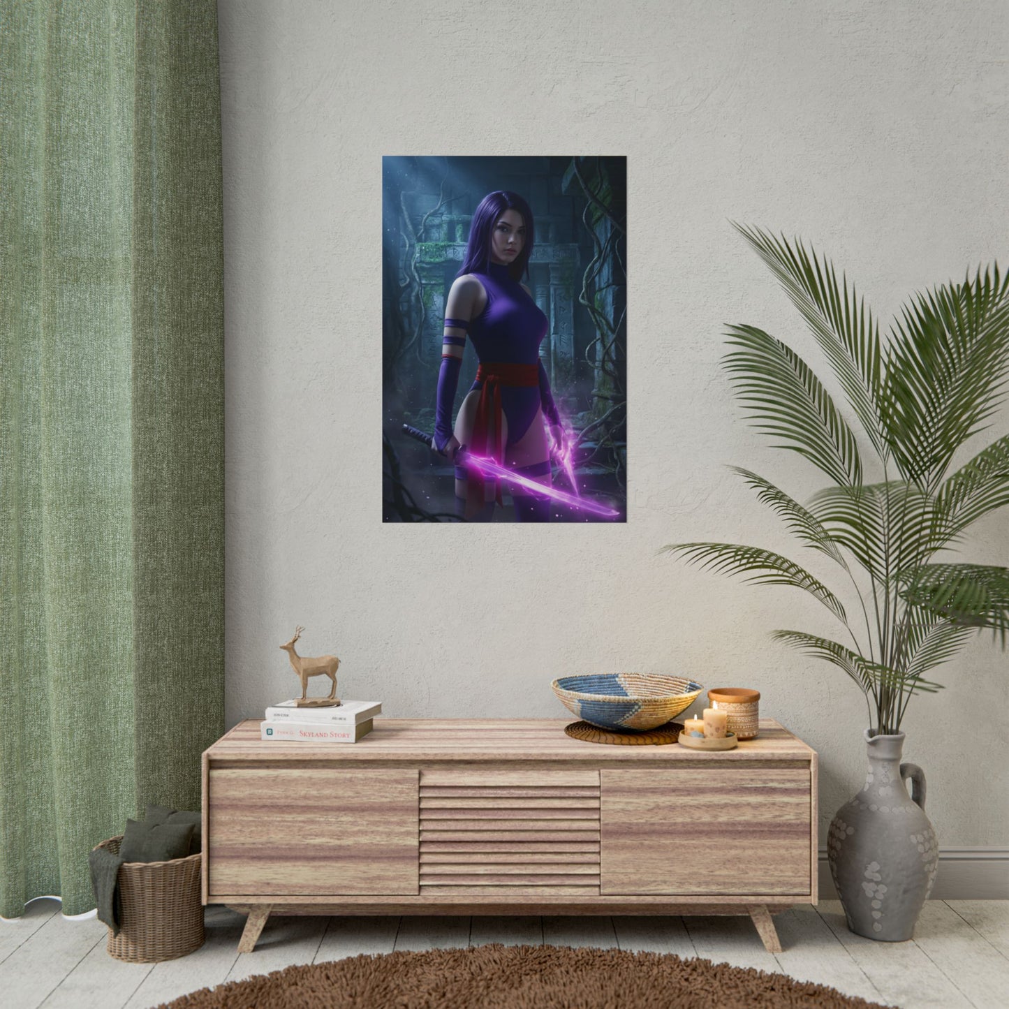 Psylocke Poster, Marvel Art Print – Iconic Mutant Ninja Heroine Wall Art showing purple-clad heroine with glowing psychic blades in modern room