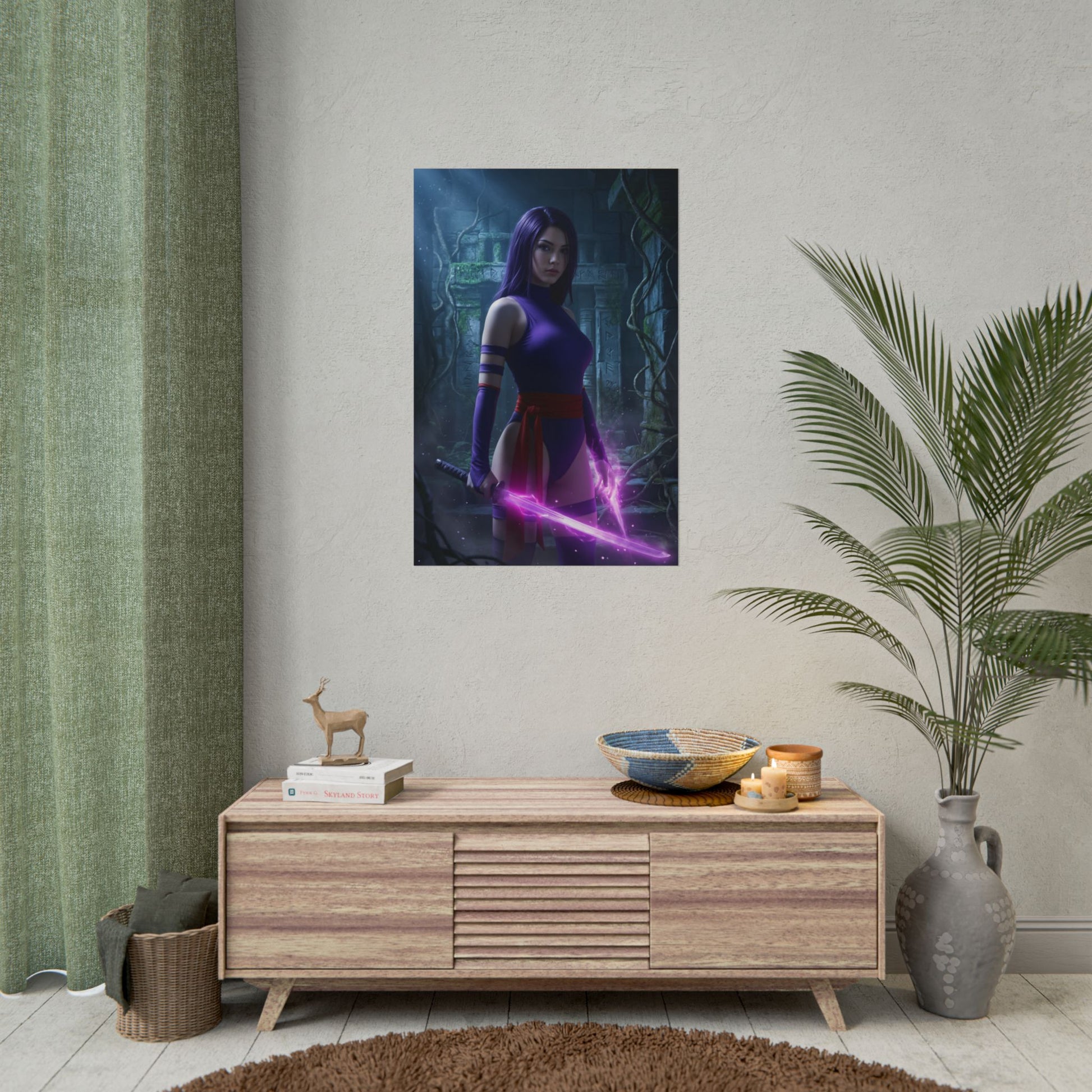 Psylocke Poster, Marvel Art Print – Iconic Mutant Ninja Heroine Wall Art showing purple-clad heroine with glowing psychic blades in modern room