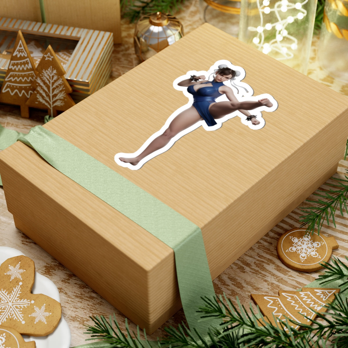 Chun-Li Sticker – Street Fighter Vinyl Sticker for Laptops & Indoor Decor on kraft gift box, glossy durable vinyl decal featuring classic Chun-Li artwork