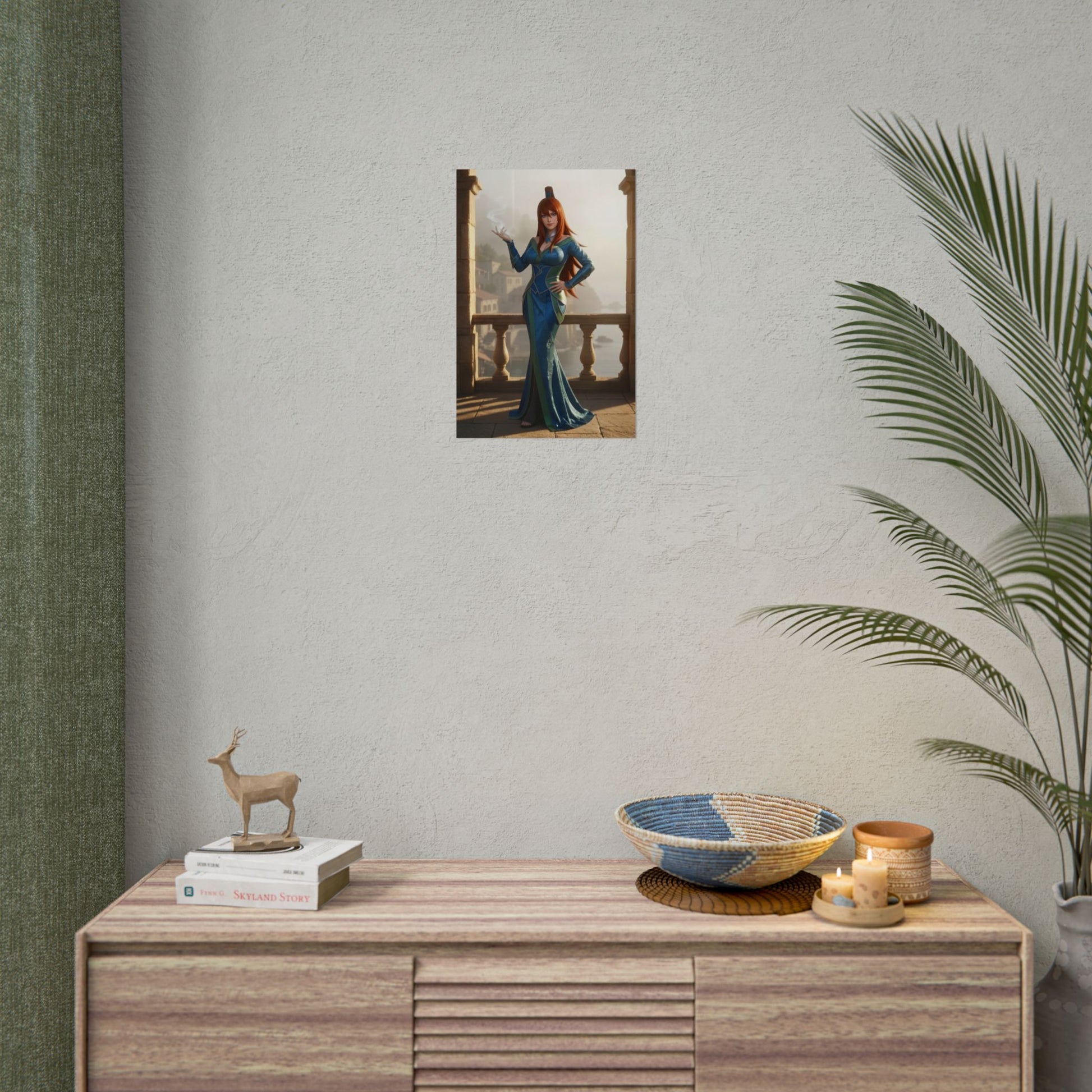 Mei Terumi Poster, Naruto Art Print – Anime Heroine Wall Art hung above a modern console in a gamer-inspired living space