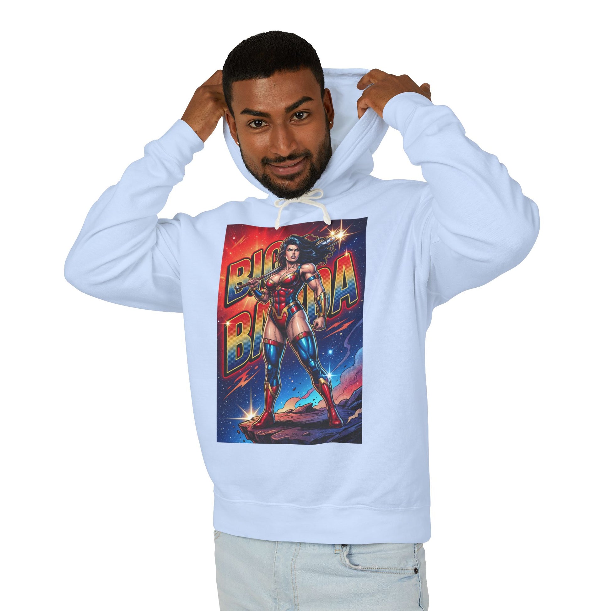 Big Barda Hoodie | DC Warrior Hoodie | New Genesis Champion Pullover - light blue pullover featuring bold Big Barda graphic art, modeled by man