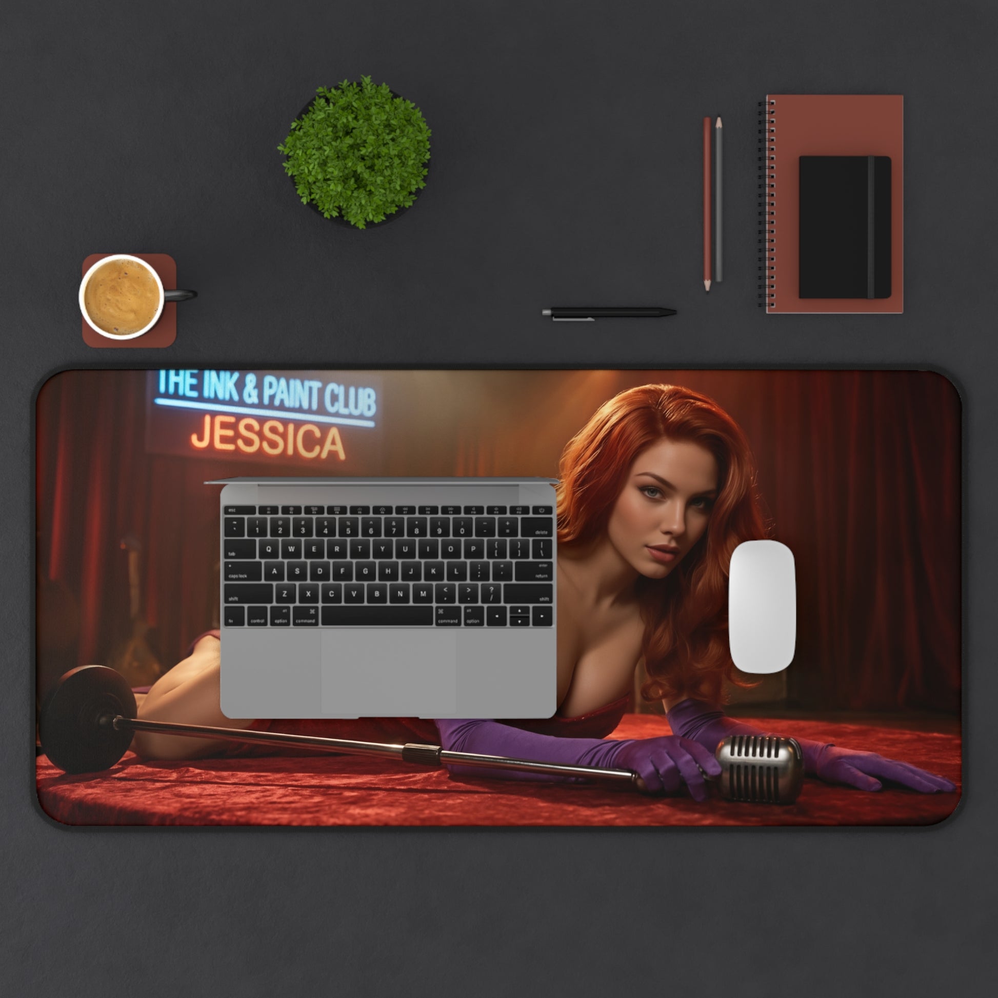Jessica Rabbit Gaming Mouse Pad, Classic Cartoon Desk Mat, Retro Glam Desk Setup featuring Jessica in vintage-style pinup pose on a large gaming desk mat