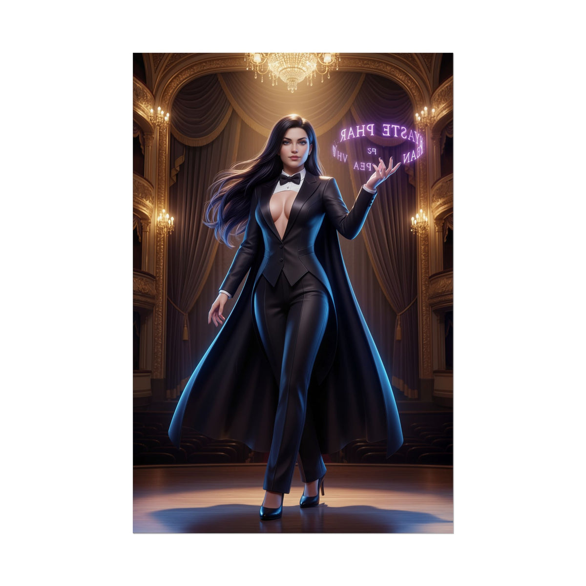 Zatanna Poster, DC Comics Wall Art Print  Sorceress Decor featuring Zatanna in tuxedo on stage with magical neon spell
