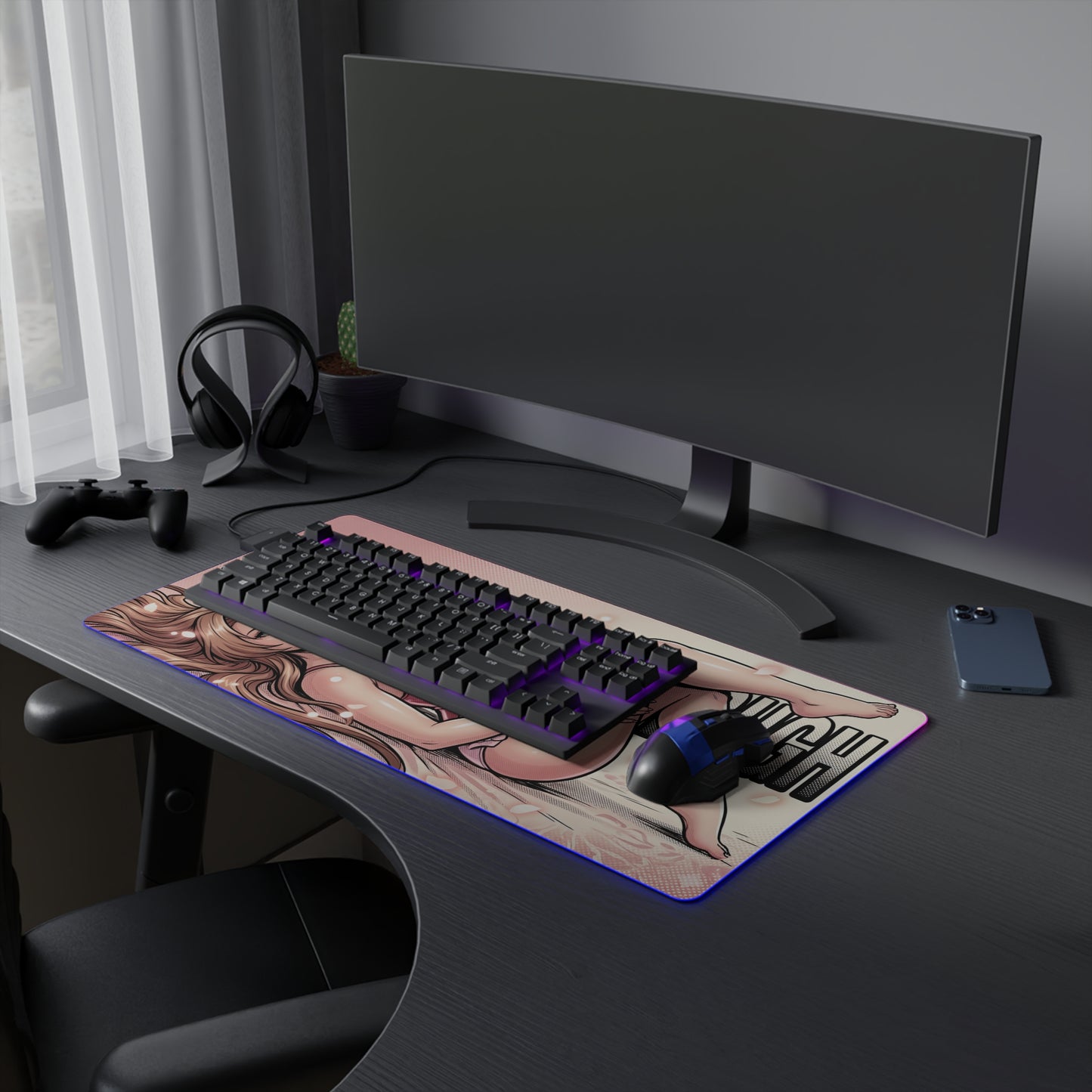 Aerith Gainsborough RGB Desk Mat, Final Fantasy Gaming Mouse Pad, LED Desk Mat on dark desk with keyboard, mouse and ambient RGB lighting