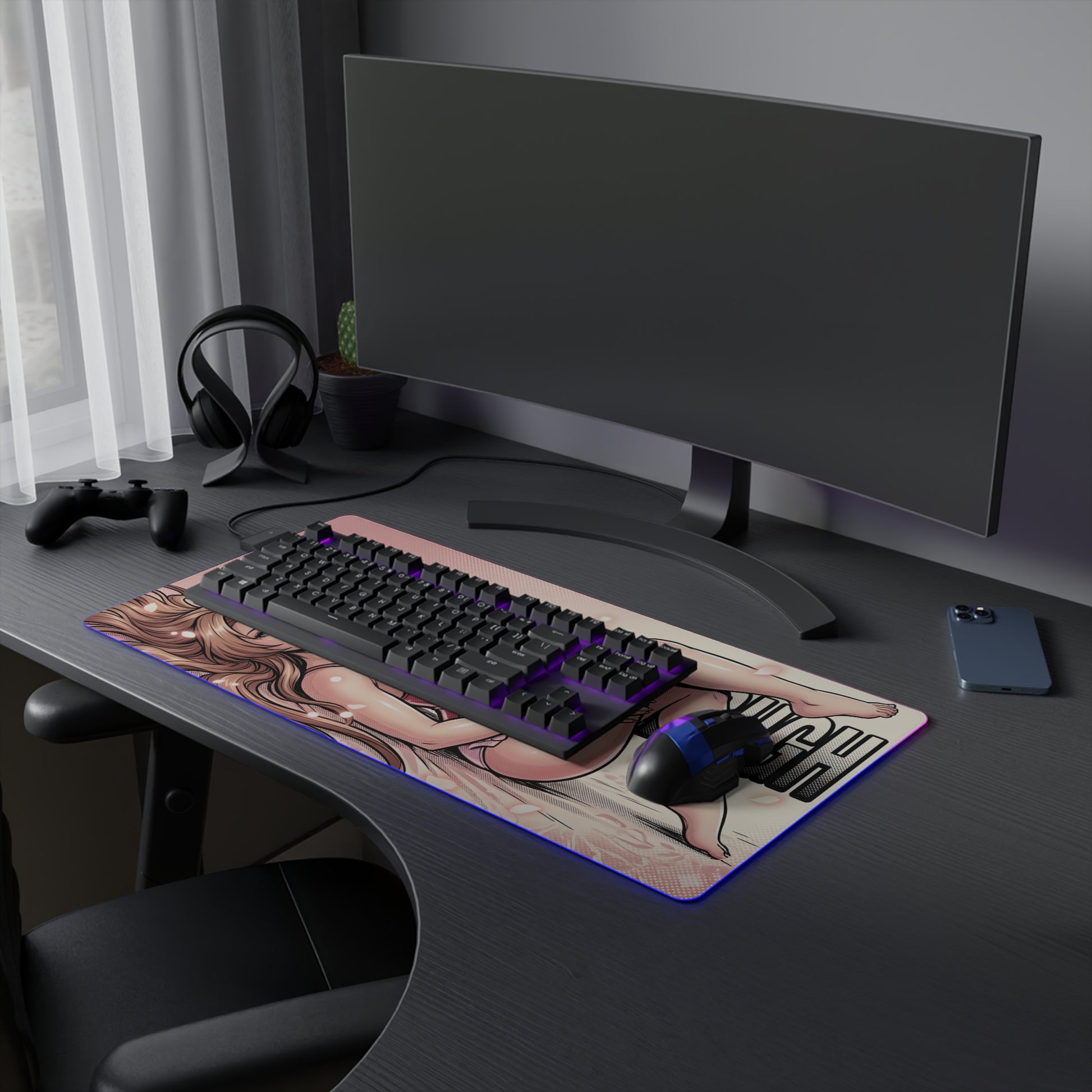 Aerith Gainsborough RGB Desk Mat, Final Fantasy Gaming Mouse Pad, LED Desk Mat on dark desk with keyboard, mouse and ambient RGB lighting